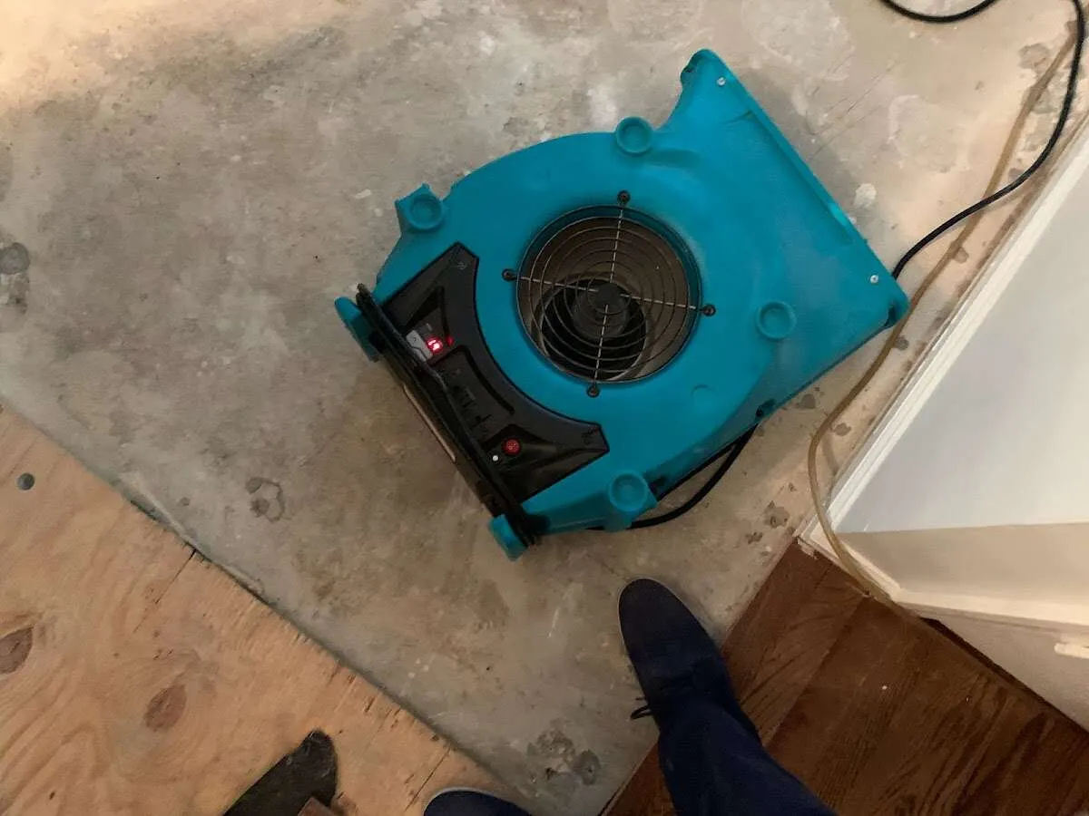 Air mover drying subfloor during Leak Detection & Repair in Lewisburg